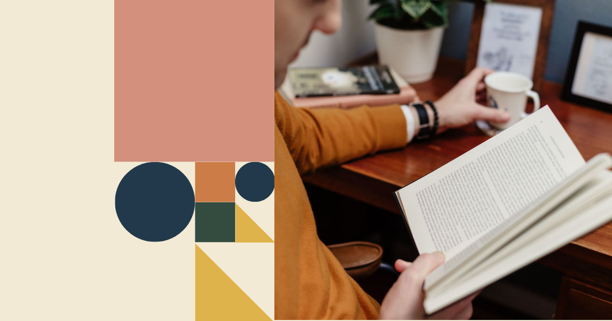 Bauhaus-style geometric composition in warm earth tones featuring a muted pink square, dark green half-circle, navy circles, and a mosaic of terracotta, mustard, brown, and pink shapes, alongside a photo of a psychologist in an orange sweater reading a book at a wooden desk with a coffee mug and framed credentials.