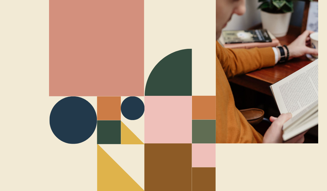 Bauhaus-style geometric composition in warm earth tones featuring a muted pink square, dark green half-circle, navy circles, and a mosaic of terracotta, mustard, brown, and pink shapes, alongside a photo of a psychologist in an orange sweater reading a book at a wooden desk with a coffee mug and framed credentials.